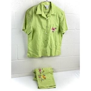 A.K.C. Linen Blend Bright Green Floral Embroidered Blouse Pant Set Women’s Sz L